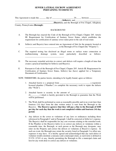 First page of the Sewer Lateral Defects Escrow Agreement
