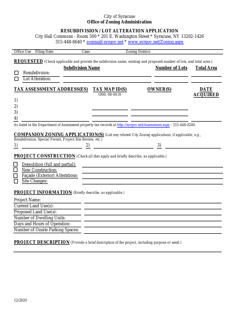 First page of the Resubdivision / Lot Alteration Application