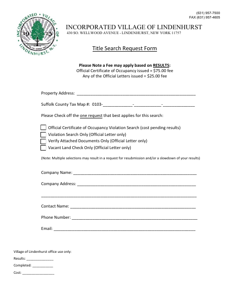 First page of the Certificate of Occupancy Title Search Request Form