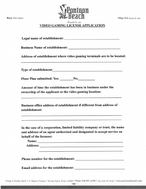 First page of the Video Gaming License Application