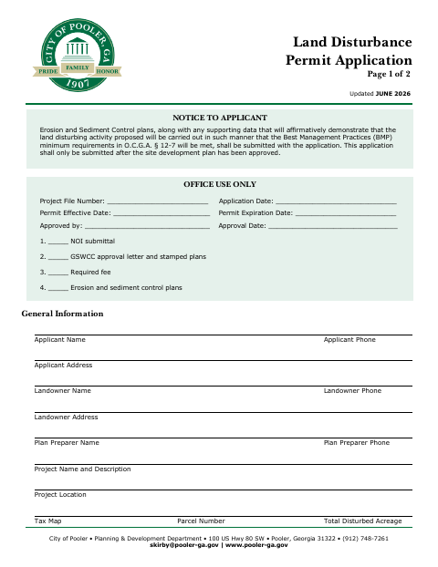 First page of the Land Disturbance Permit Application