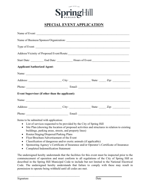 First page of the Special Event Application
