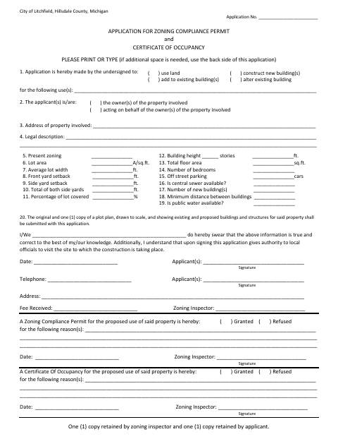 First page of the Application for Zoning Compliance Permit and Certificate of Occupancy