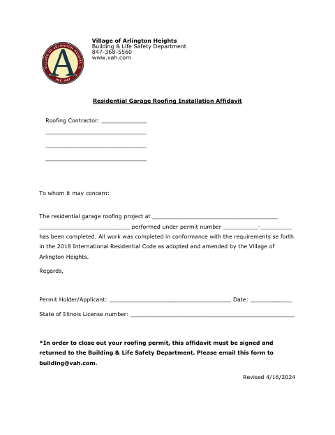 First page of the Residential Garage Roofing Installation Affidavit