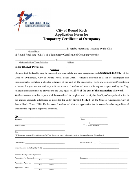 First page of the Temporary Certificate of Occupancy Application