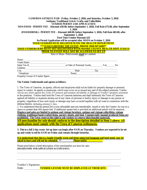 First page of the Fall Antique Fair Vendor Permit and Application