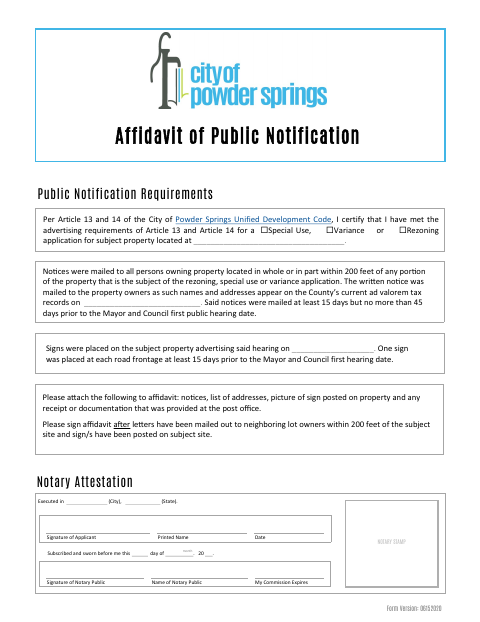 First page of the Affidavit of Public Notification Requirements