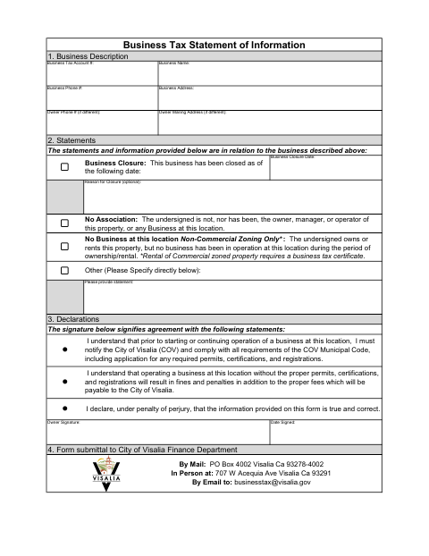 First page of the Business Tax Statement of Information