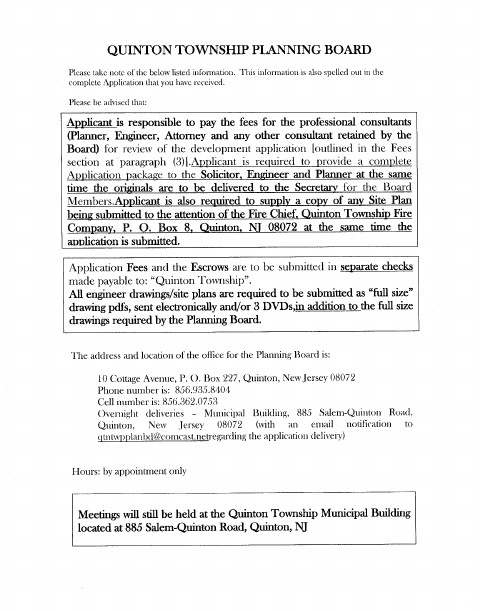 First page of the Planning Board Application Form