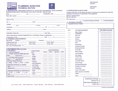 First page of the Plumbing Subcode Technical Section