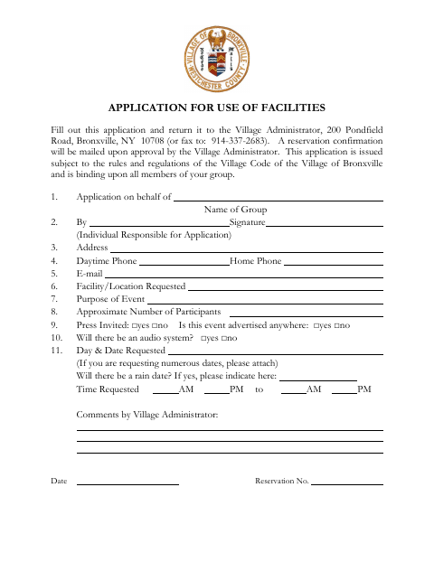 First page of the Application for Use of Facilities