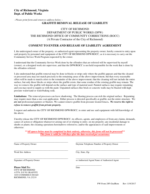 First page of the Graffiti Removal Release of Liability Agreement