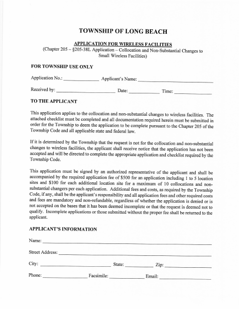 First page of the Application for Collocation and Non-Substantial Changes to Small Wireless Facilities