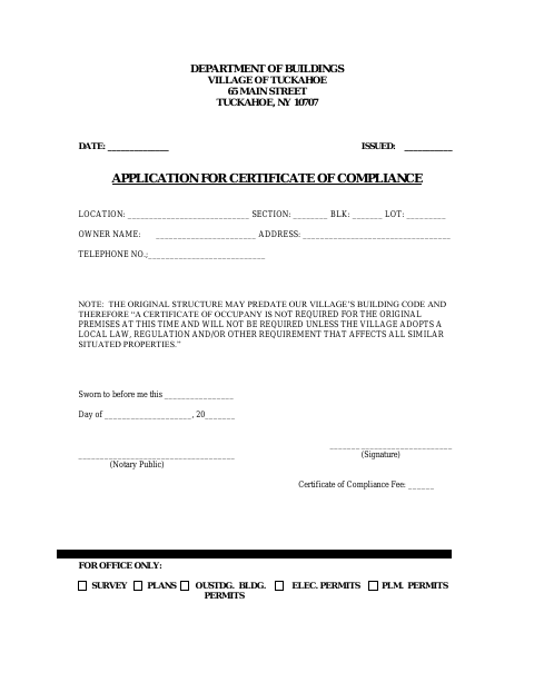 First page of the Application for Certificate of Compliance