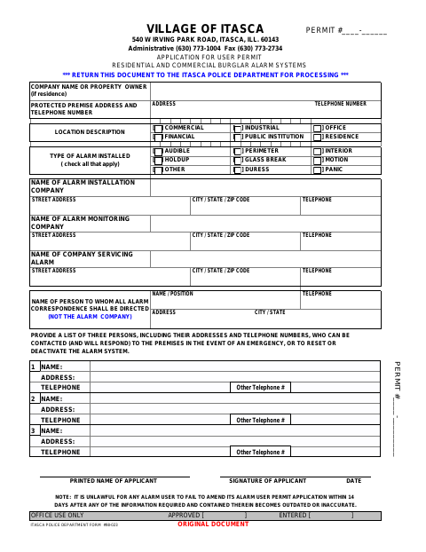 First page of the Application for User Permit for Residential and Commercial Burglar Alarm Systems