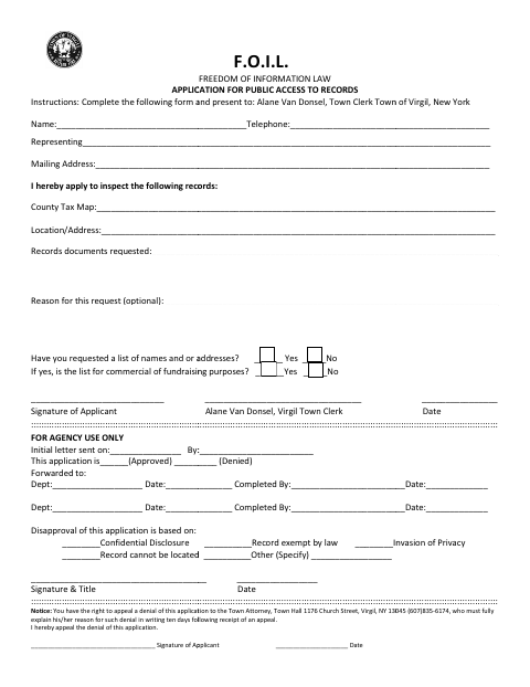 First page of the Application for Public Access to Records
