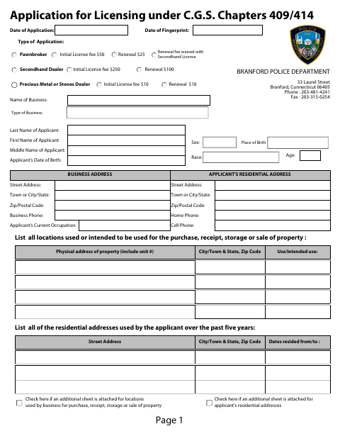 First page of the Precious Metal, Pawnbroker, and Secondhand Dealer Application