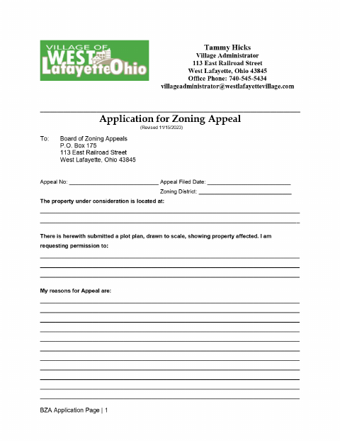 First page of the Application for Zoning Appeal