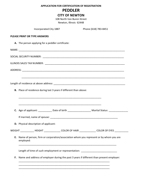 First page of the Application for Certification of Registration Peddler
