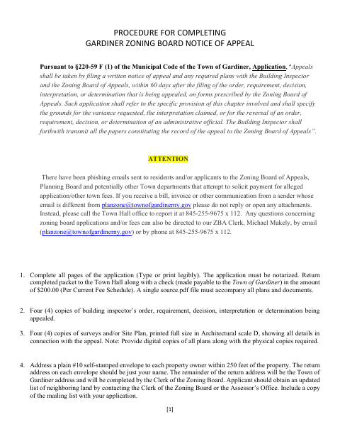First page of the Zoning Board Notice of Appeal Application