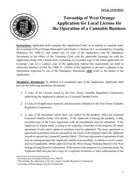 First page of the Application for Local License for the Operation of a Cannabis Business