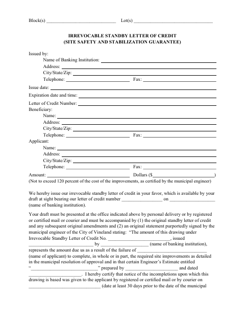 First page of the Irrevocable Standby Letter of Credit (Site Safety and Stabilization Guarantee)