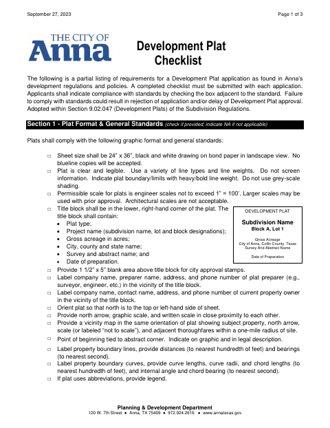 First page of the Development Plat Checklist