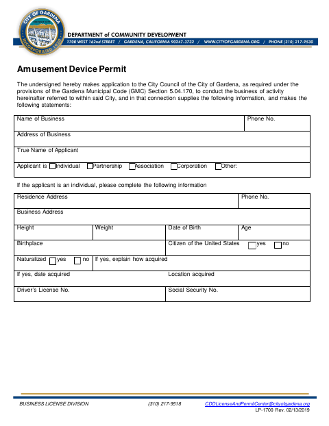 First page of the Amusement Device Permit Application