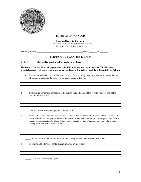 First page of the Landlord Identity Statement One and Two Unit Dwelling Registration Form