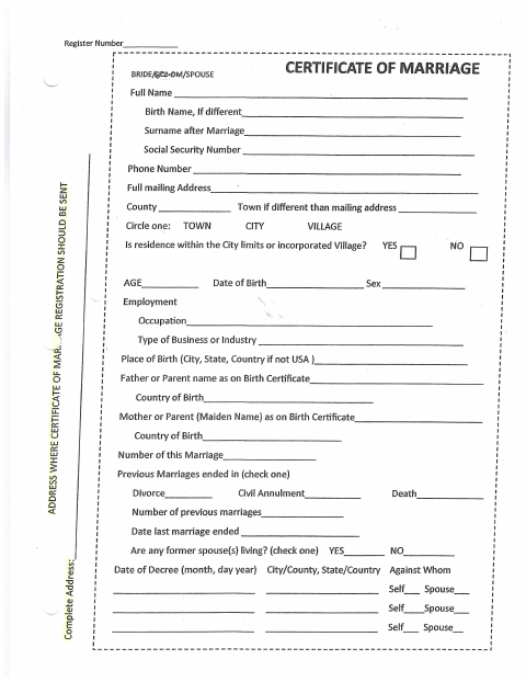 First page of the Certificate of Marriage Worksheet