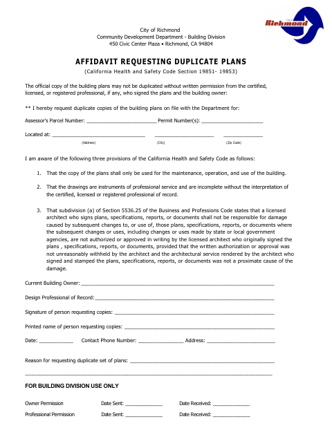First page of the Affidavit Requesting Duplicate Plans