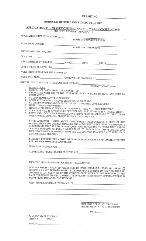 First page of the Street Opening and Sidewalk Construction Application