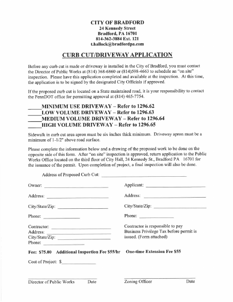 First page of the Curb Cut/Driveway Application and Regulations