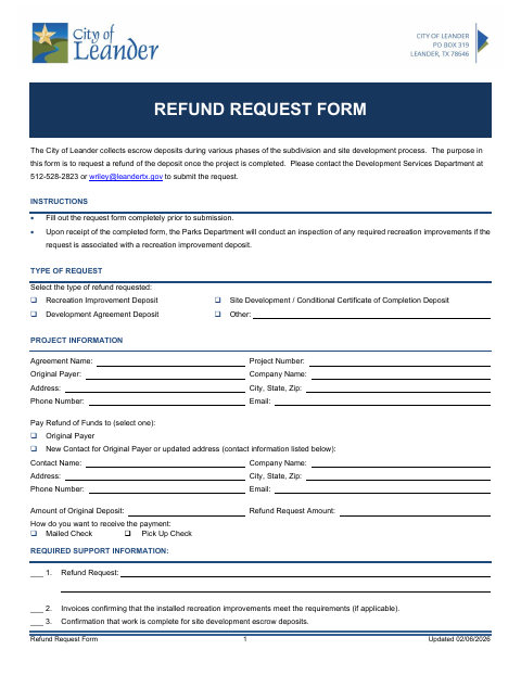 First page of the Escrow Refund Request Form
