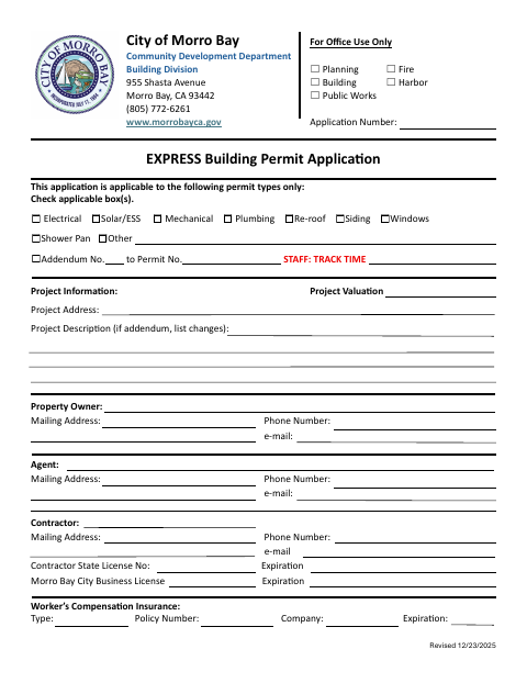 First page of the Express Building Permit Application