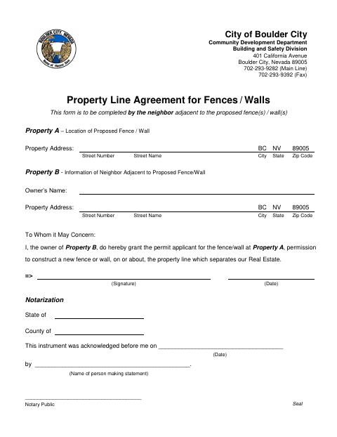First page of the Property Line Agreement for Fences and Walls