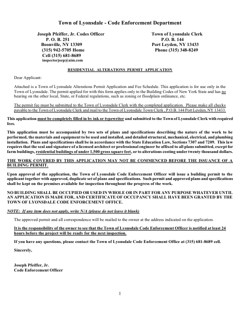 First page of the Residential Alterations Permit Application