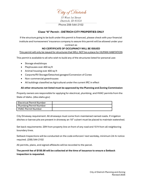 First page of the Class A Permit and Use Affidavit