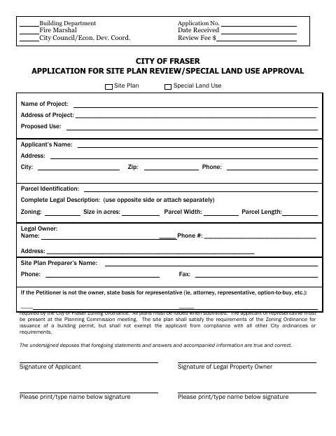 First page of the Application for Site Plan Review / Special Land Use Approval