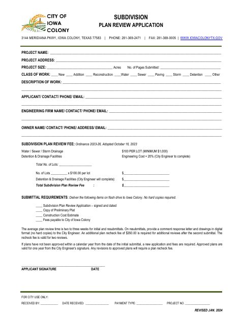 First page of the Subdivision Plan Review Application