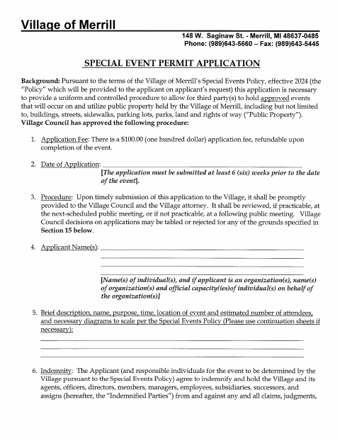 First page of the Special Events Permit Application