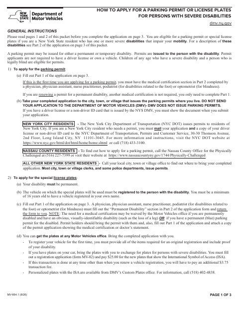 First page of the Application for a Parking Permit or License Plates for Persons with Severe Disabilities