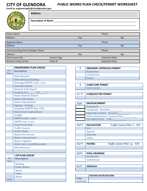 First page of the Public Works Plan Check/Permit Worksheet