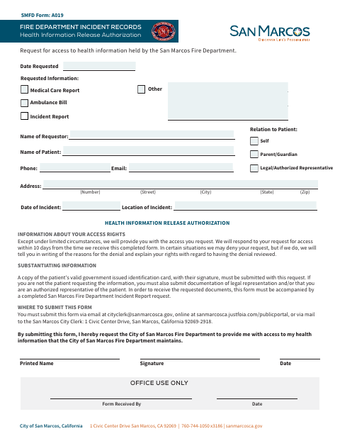 First page of the Health Information Release Authorization