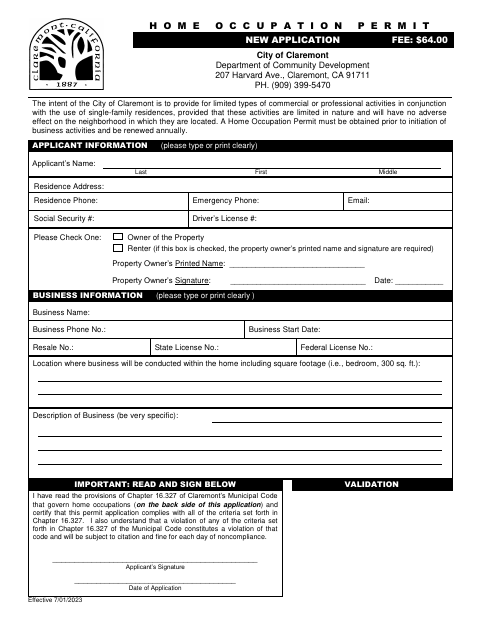 First page of the Home Occupation Permit
