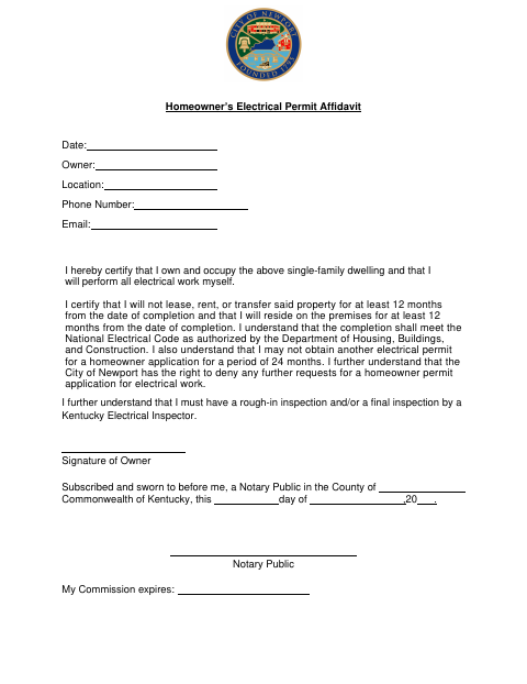 First page of the Homeowner’s Electrical Permit Affidavit