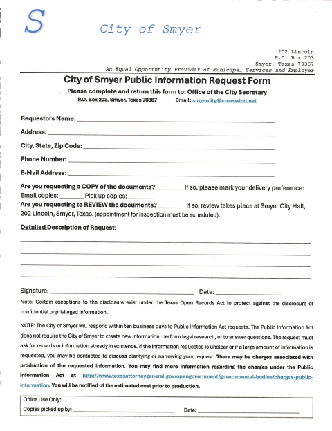 First page of the Public Information Request Form