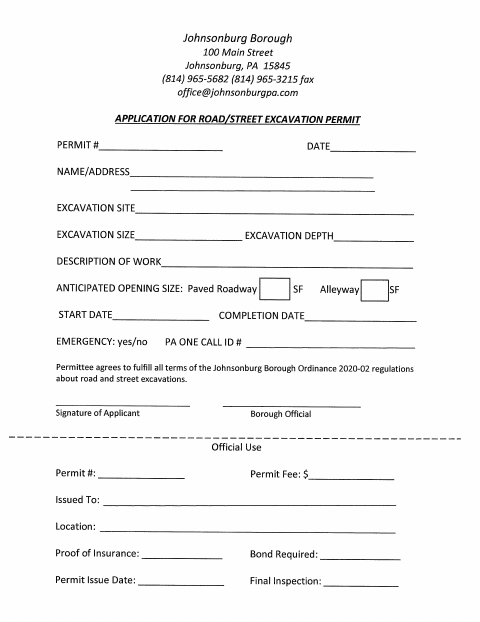 First page of the Street Excavation Permit Application