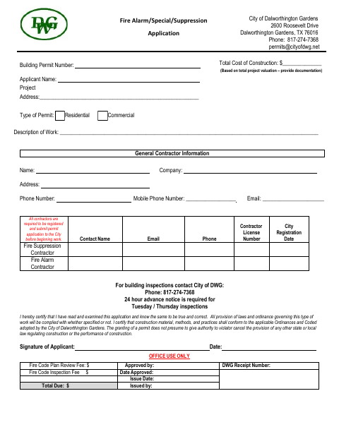 First page of the Fire Alarm/Special/Suppression Application
