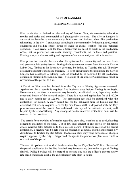 First page of the Filming Agreement and Application for Film Permit